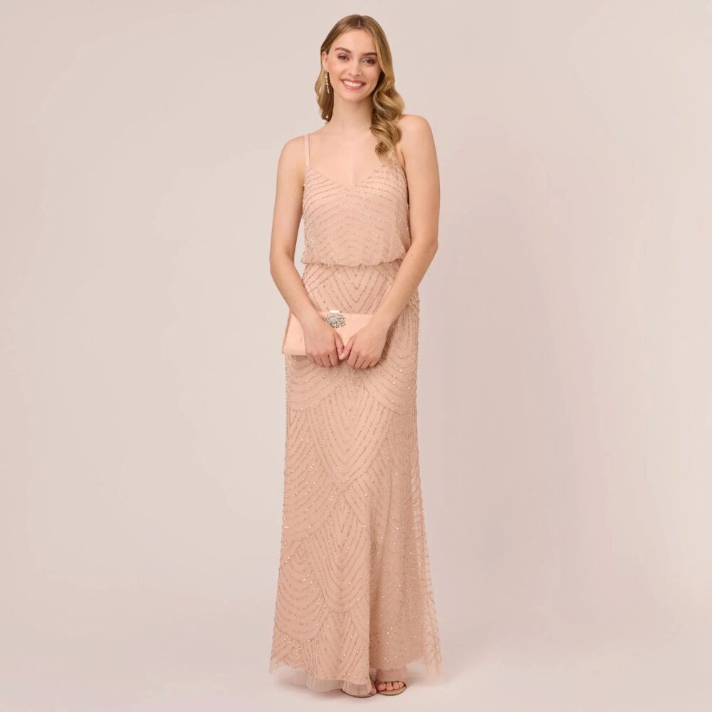 Adrianna Papell Art Deco Beaded Blouson Gown In Blush